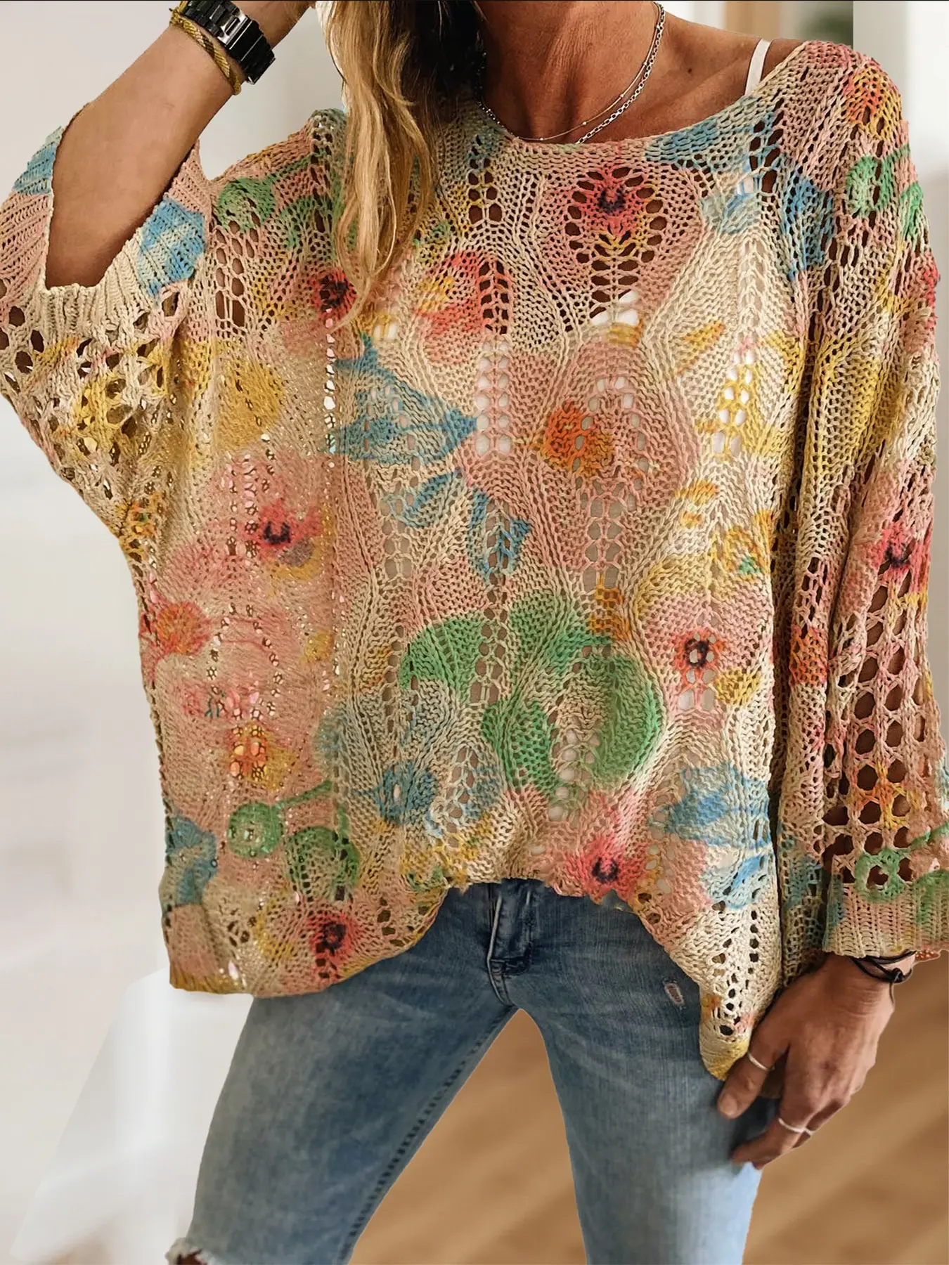 Women's Boho Style Pastel Dye Floral Knit Top, Round Neck Long Sleeve, Loose Fit Batwing Shoulder Design, Casual Elegant Sweater