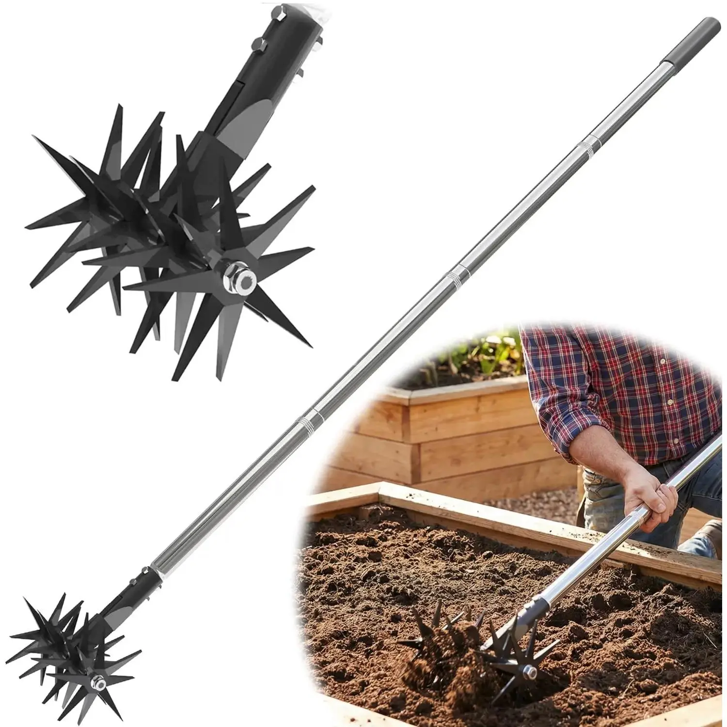 66in Handheld Rotary Cultivator, Garden Rotary Tiller Adjustable Steel Handle for Fertilizer Mixing Loosening Soil Reseeding Grass Lawn Weeding