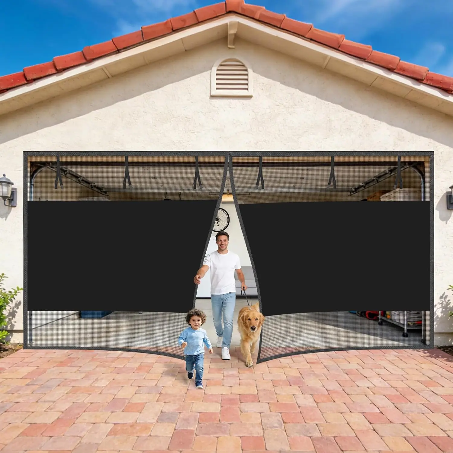 Garage Door Screen 2  16x7 Ft,   Closure Garage Net Screen for Garage & Patio, Keep   Out &  Friendly, 20 Mins Quick Install for  Gym, Porch, Balcony(Black)