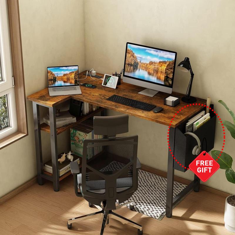 Lufeiya Small L Shaped Desk with Power Outlet Shelves, 40 Inch Reversible Corner Desk for Small Space Home Office, L-Shaped Computer Desk PC Desks with Charging Station, Rustic Brown, Get Free Gift Lufeiya Small L Shaped Desk with Power Outlet Shelves, 40 Inch Reversible Corner Desk for Small Space Home Office, L-Shaped Computer Desk PC Desks with Charging Station, Rustic Brown, Get Free Gift