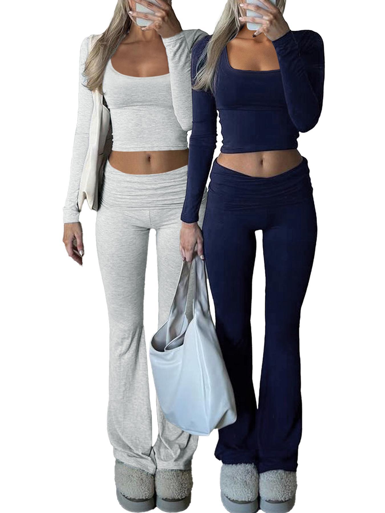 Women's Solid Color Square Neck Crop Tee & Flare Leg Pants Two-Piece Set, Casual Fashion Cozy Two Piece Outfits for Daily Outdoor Wear,Airport Outfit, Cropped Top
