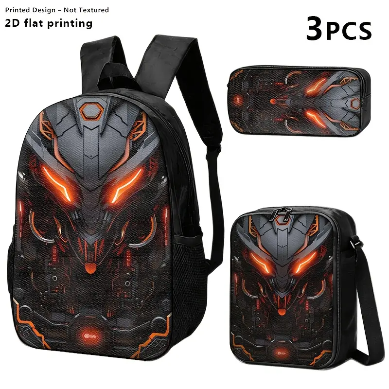 Red Horn X-Eyes Jagged Grin Hooded Dark Anime Character 3Pcs Backpack Set, 2D Flat Print Waterproof Oxford Backpack + Insulated Lunch Bag + Pencil Case, Full Print Street Dark Graphic Storage Kit For Teen Boys Kids School Travel Daily Use