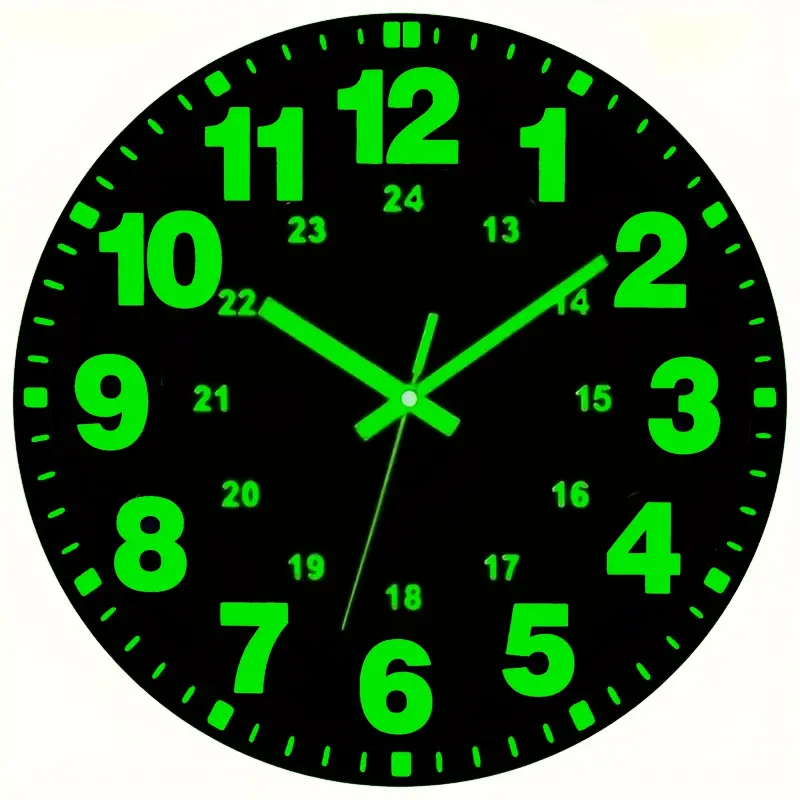 [1pcs Glow-in-the-Dark Wall Clock] 1pc Vinyl Round Wall Clock, 12-Inch Silent Non-Ticking, Glow-in-the-Dark Numbers & Hands, Flat Crown, AA Battery Operated (Not Included)