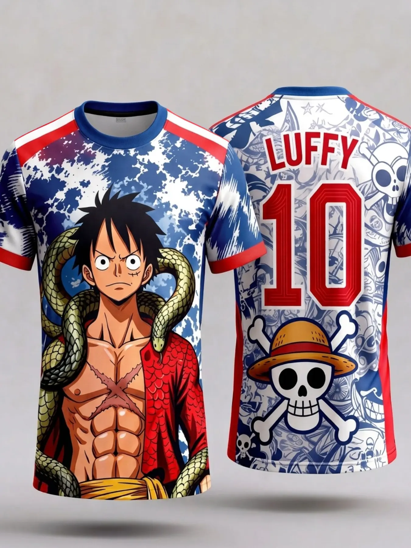 Authentic Official Licensed One Piece Boys Soccer Jersey, Sports Jersey, Monkey D Luffy No.10 Full Print Sport T-Shirt, Skin-Friendly Breathable Kids Short Sleeve Tee for Boys 4-14 Years Old Anime Cartoon Daily Training