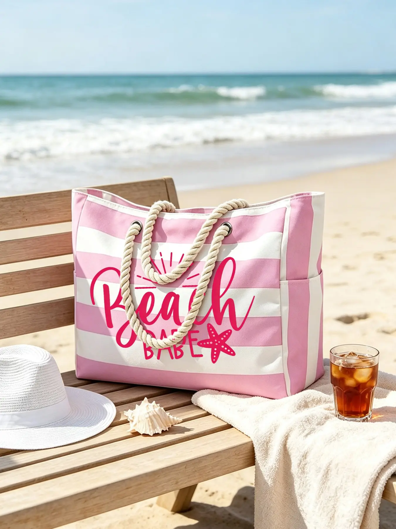 Women's Striped Large Capacity Beach Tote Bag, Side Pocket Shoulder Handbag, Summer Vacation Pool Travel Bag, Ideal for Beach, Swimming, Camping, Shopping