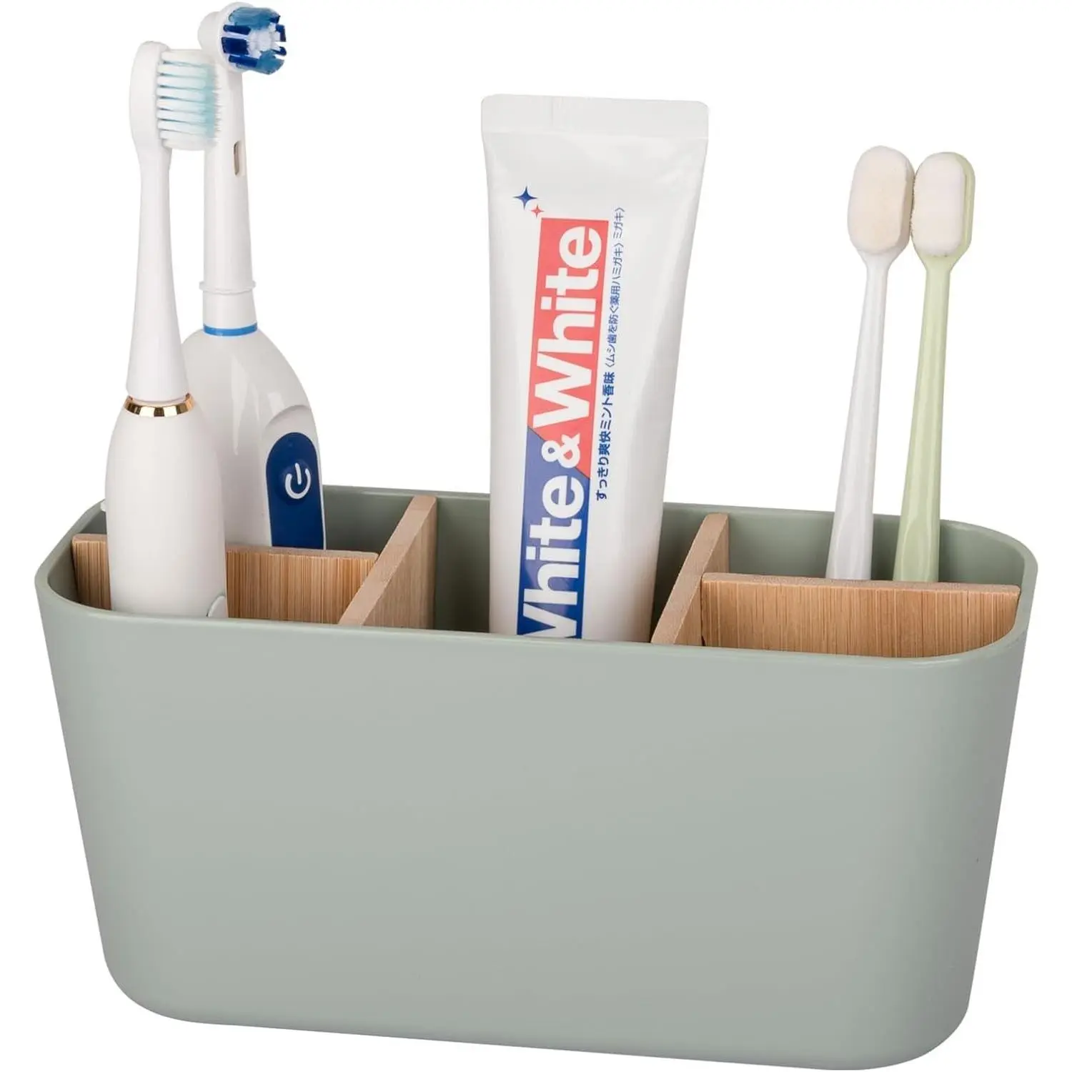Bamboo Toothbrush Holder with 5 Slots - Bathroom Vanity Organizer for Electric Toothbrushes, Toothpaste, Razors, Green