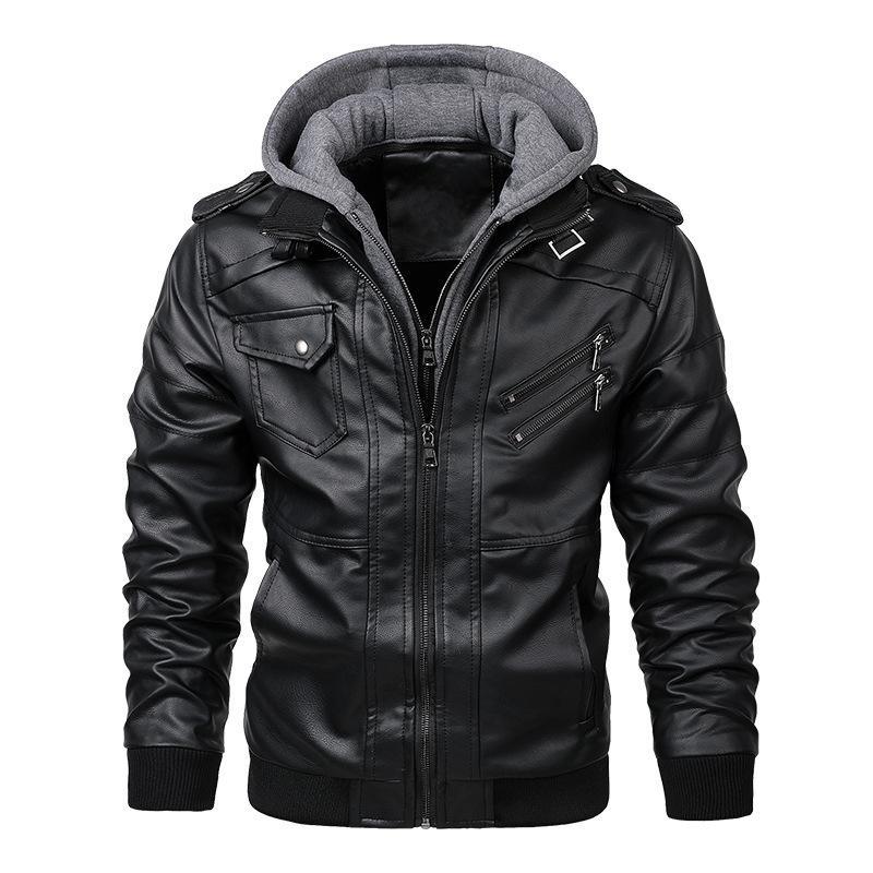Men Brown Leather Motorcycle Jacket with Removable Hood Hoodie Casual