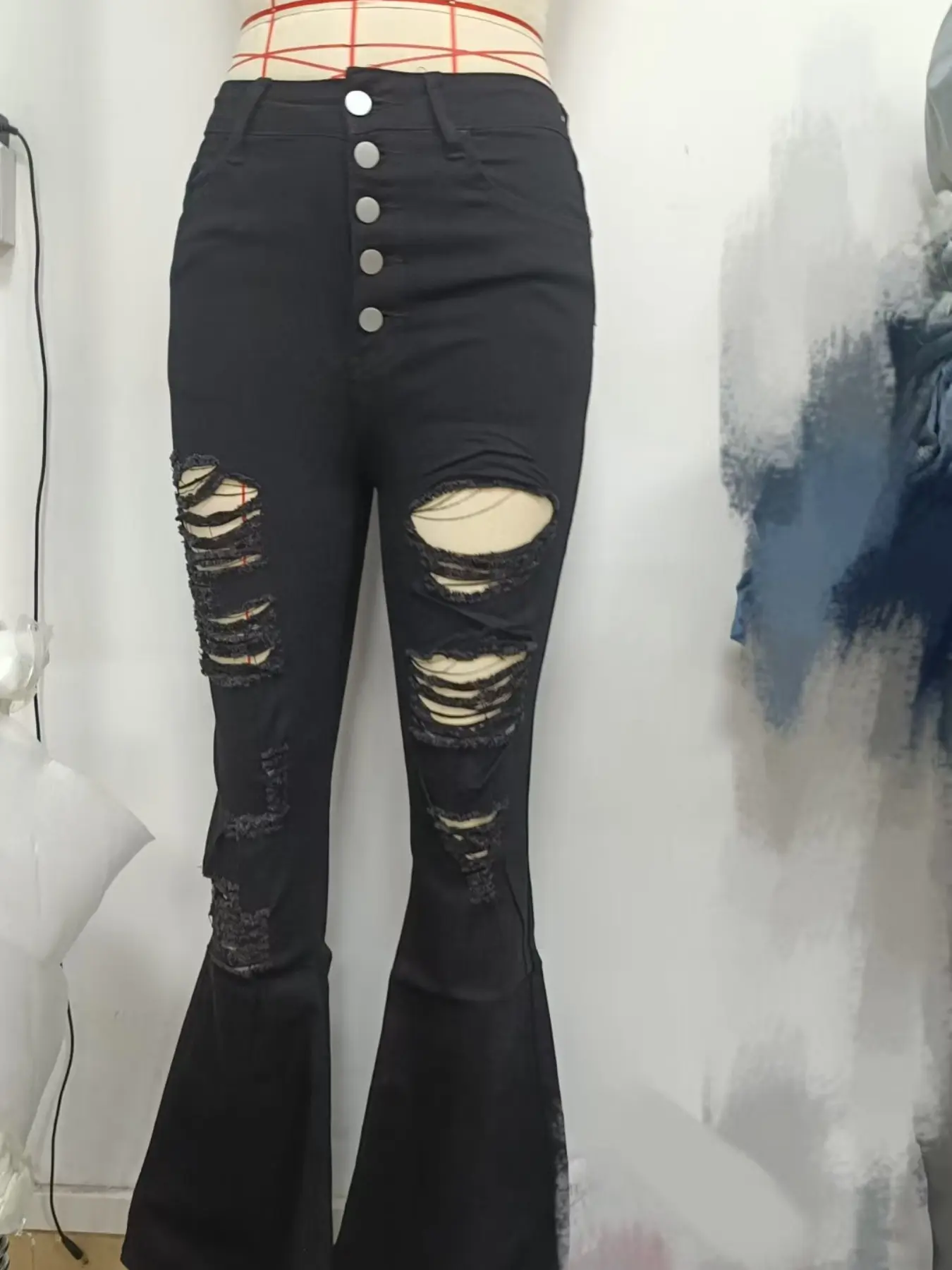 Casual Fashion Button Hole Ripped Women's High Elastic Bell Bottom Jeans, Comfortable and Stylish Long Pants for Everyday Wear