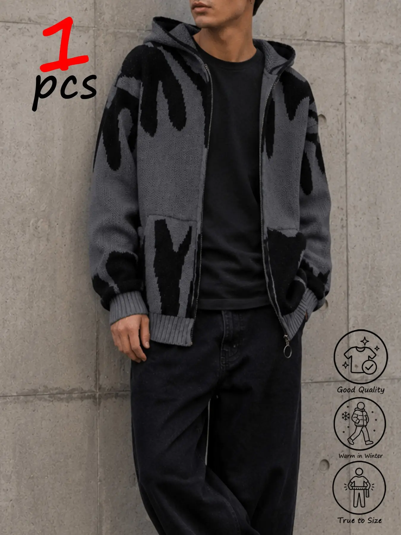Abstract Zebra Pattern Hooded Zipper Knit Cardigan, Unisex Thick Loose Fashion Knit Coat, Fall Winter Warm Sweater Jacket