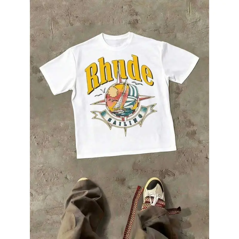 Rhude Sailing Print Vintage, 220g 100% Cotton Casual Printed T-Shirt, Graphic Tees Men, Going Out Tops, Summer Outfits