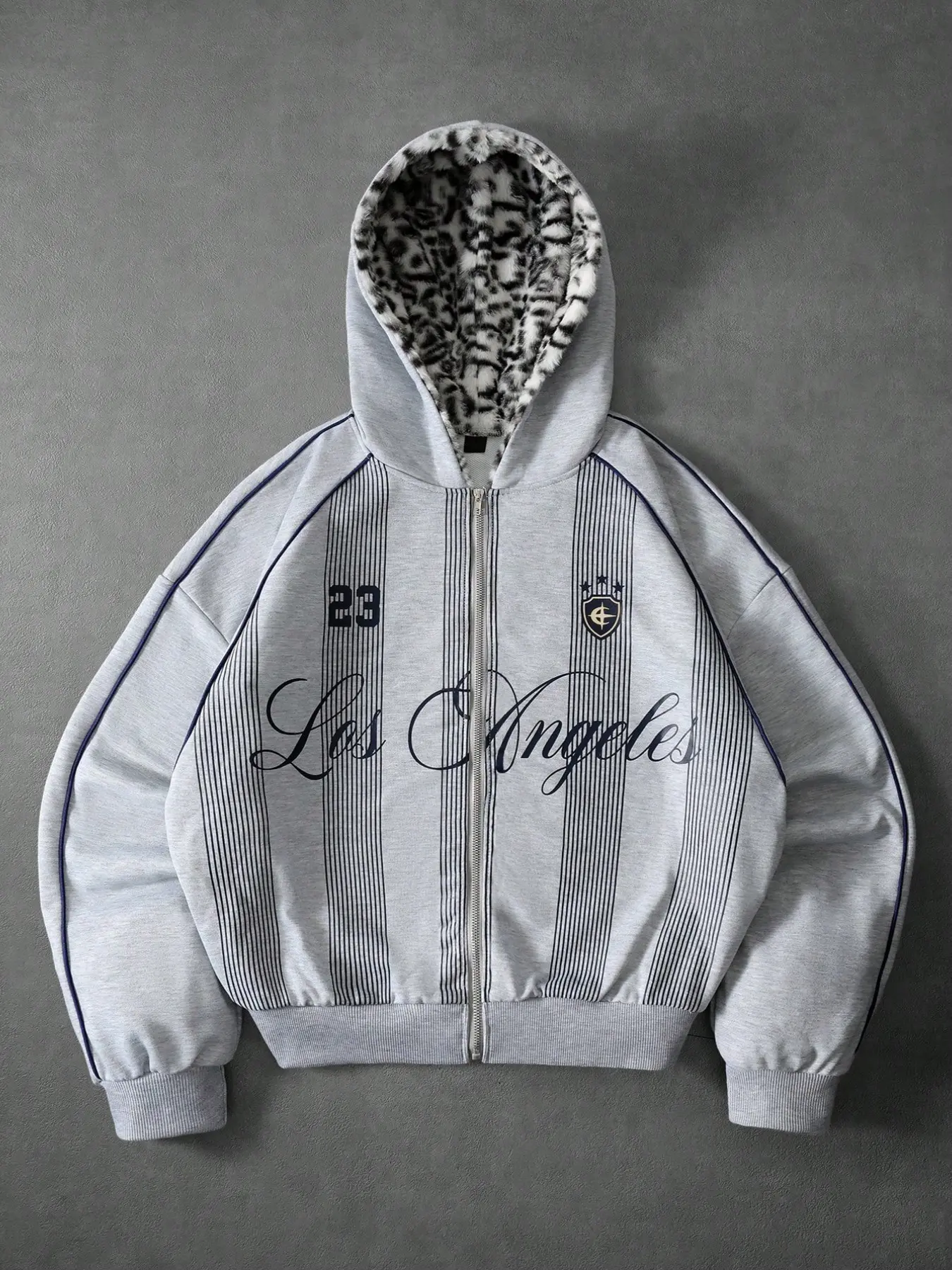 Men's Streetwear Hoodie, Vintage Style Knit Open Front Sweatshirt, Plush Leopard Print, Los Angeles Letter Print, Star Pattern, Gift Idea