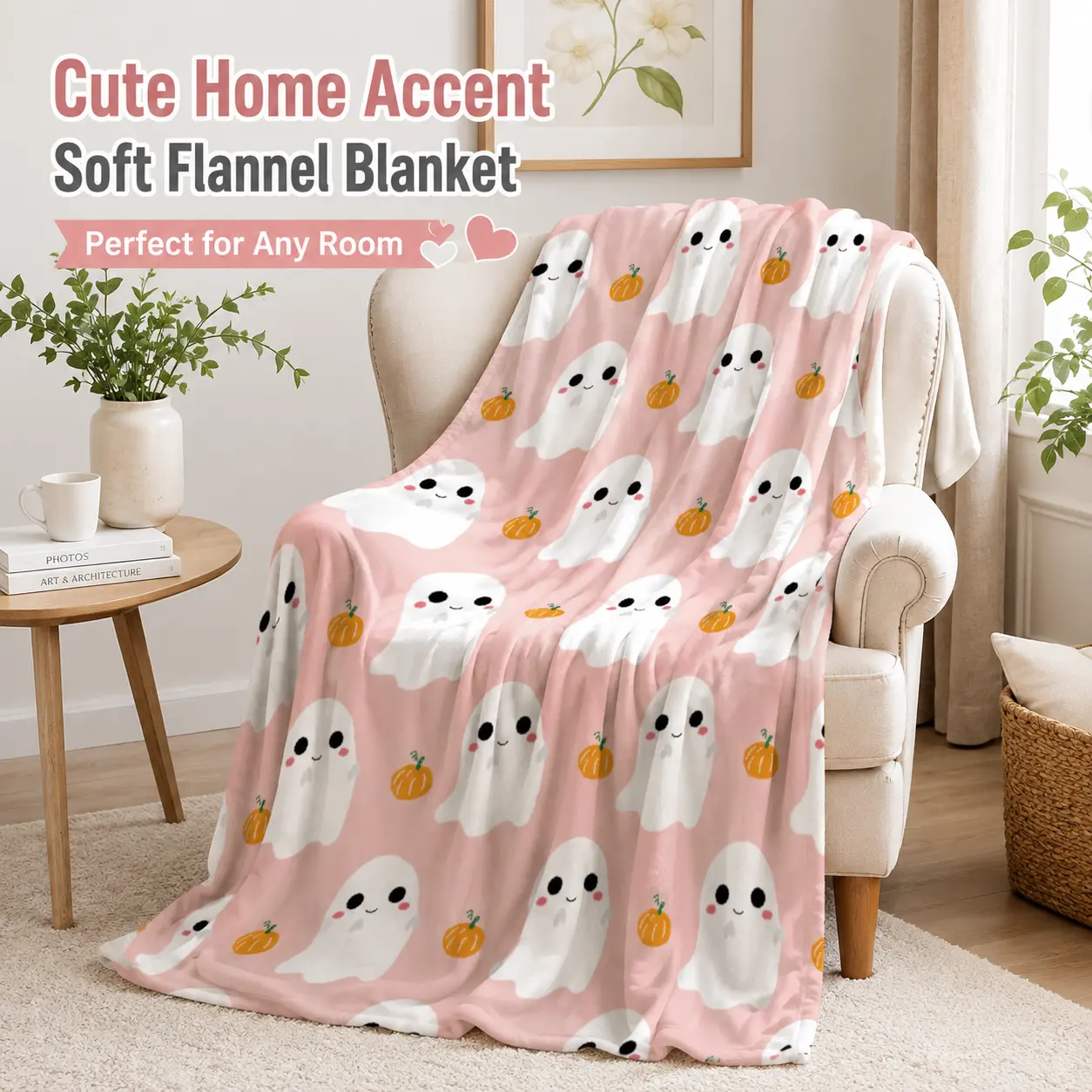 Cute Halloween Blanket Soft Flannel Fleece Throw Blanket, Pink Ghost Pumpkin Blanket, Cozy Spooky Season Blanket for Girls Sofa Bed Home Decor Gift