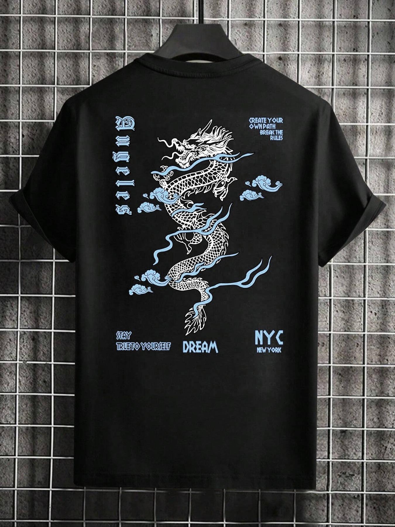 Men's Dragon Graphic Print Round Neck Sleep Tee, Regular Fit Casual Soft Comfortable Short Sleeve T-shirt for Summer, Men's Sleepwear for Daily Home Wear, Streetwear, Casual Street Fashion