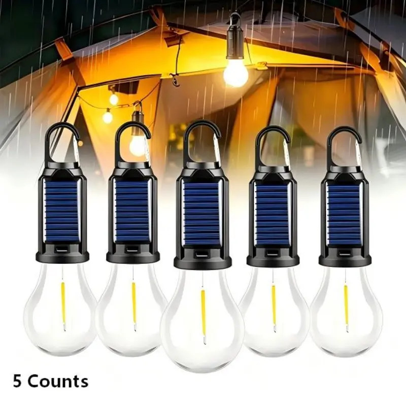 5-Pack Outdoor Camping Lanterns, Solar & Type-C Dual Charging, Waterproof Switch & Port, Warm Light, Hook Tent Lamp, Garden Mood Light, Emergency Lighting