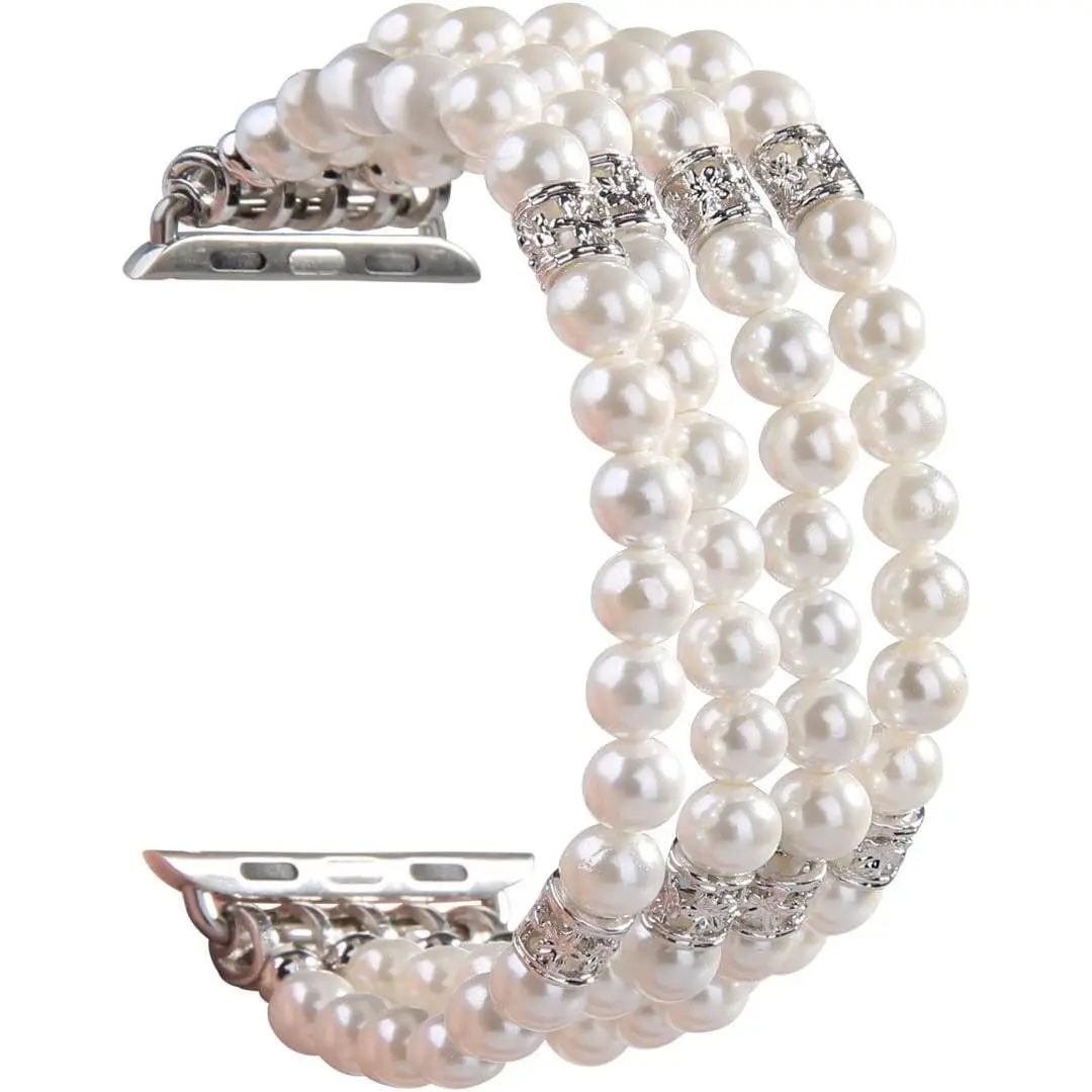 Compatible with Watch Band 38/40/41/42/44/45/49mm Women Bands Series 9/8/7/6/5/4/3/2/1, Handmade Beaded Elastic Stretch Pearl Bracelet Replacement Strap for Women Wristband