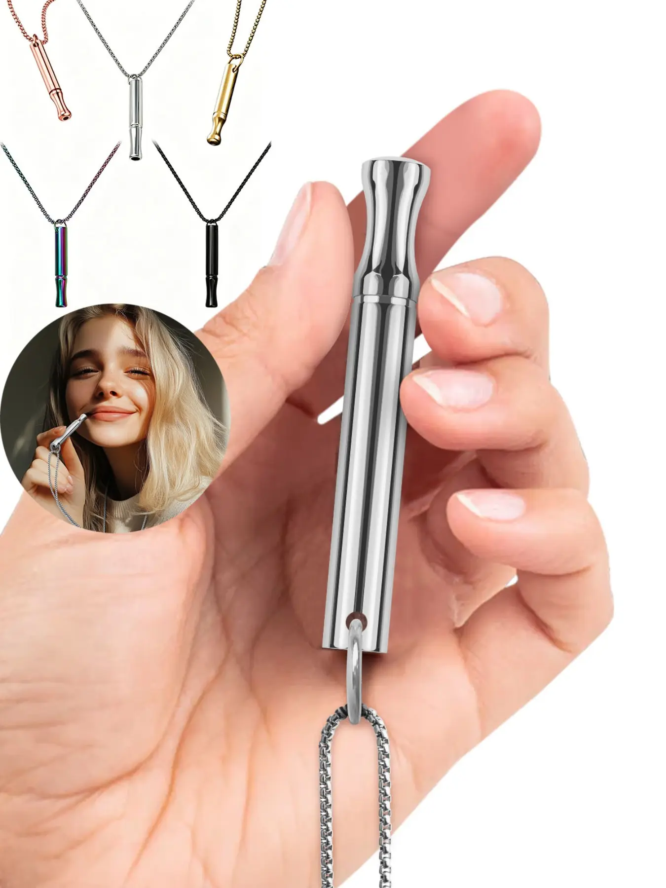 Breathing Whistle Necklace for anxiety relief. It guides steady breathing to ease stress and calm nerves. Compact minimalist whistle pendant with delicate chain. Wearable daily accessory, a meaningful wellness gift for family and friends.