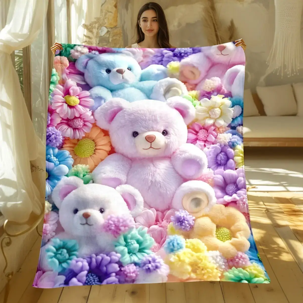 Teddy Bear Floral Flannel Throw Blanket, cooling blankets cooling blanket blankets quince bedding, 2D Flat Cartoon Print Ultra Soft Lightweight Cozy Warm Blanket Sofa Couch Bed Travel Camping Office Decor Gift Cozy Home Essential