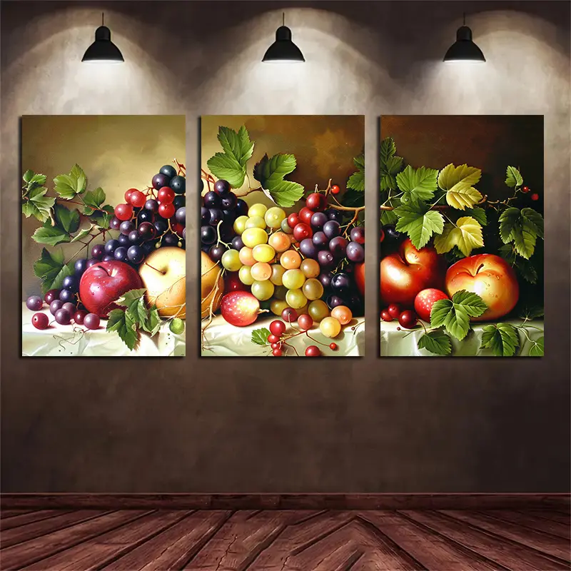 Retro Houndstooth Accent 3-Piece Multi-Size Artistic Fresh Fruits 2D Framed Canvas Print Set, Home Decor for Living Room, Bedroom, Ideal Gift for Him/Her on Valentine's Day, Thanksgiving, Father's Day, Easter, Plaid