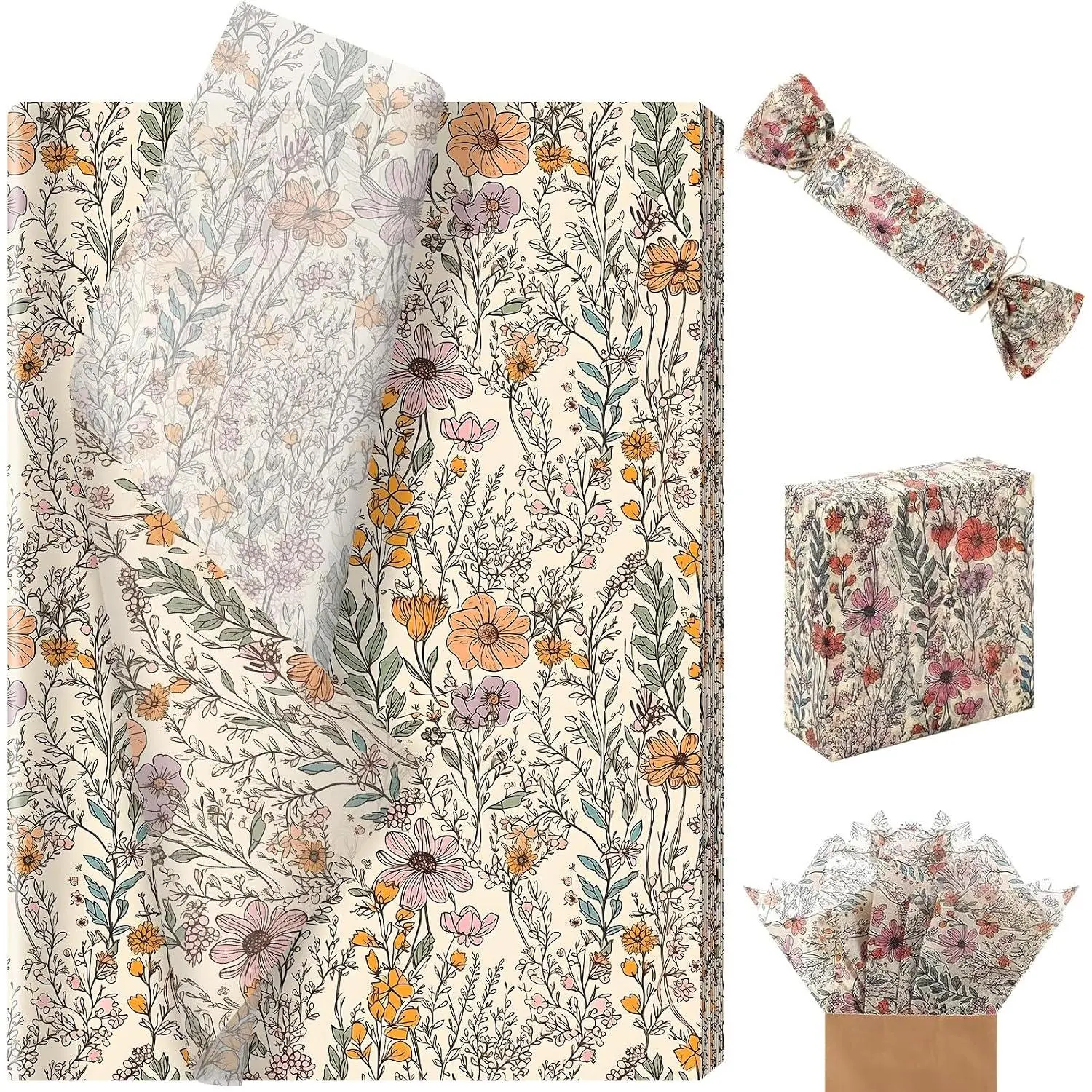 100 Sheets Wildflower Garden Floral Tissue Paper, 13.8 x 19.7 Inch Vantage  Flower  Wrapping Paper for Valentine Spring Wedding Birthday  Shower Supplies