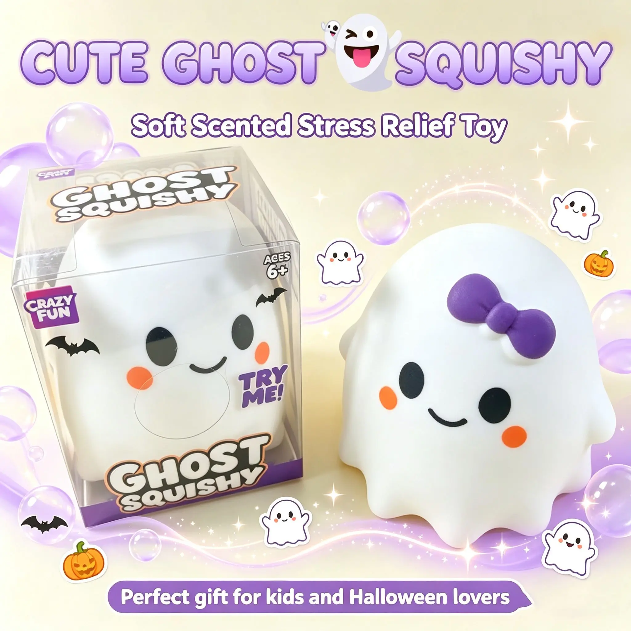Cute Ghost Soft Squeeze Stress Relief Toy, Slow Expansion Plush Fidget Toy, Halloween Gift for Kids and Adults, Birthday Party Present