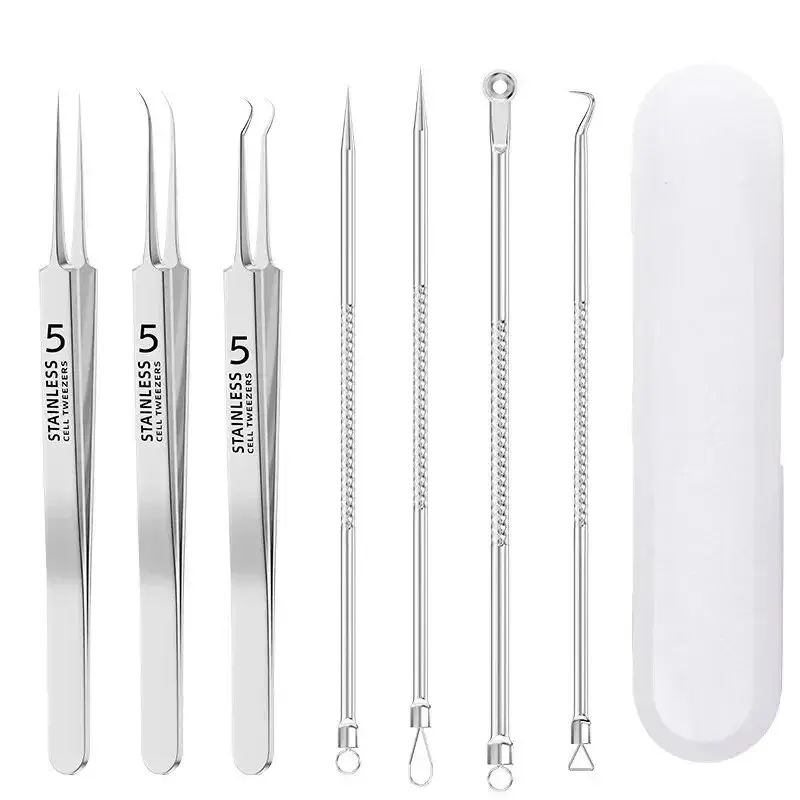 Blackhead Removal Kit with 7 Stainless Steel Tools Including Pimple Pin and Acne Tweezer, Professional Ear and Splinter Acne Clip Set for Beauty Salon and Home Use