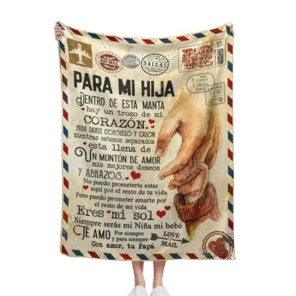 Para Mi Hija Dad To Daughter Vintage Air Mail Stamp Hand Holding Art Flannel Throw Blanket Spanish Love Letter Sentimental Comfort Latina Daughter Birthday Graduation Gift 30*40in 40*50in 50*60in 60*80in US Local Shipping red Hazbin 3D Fluffy Fleece Set,