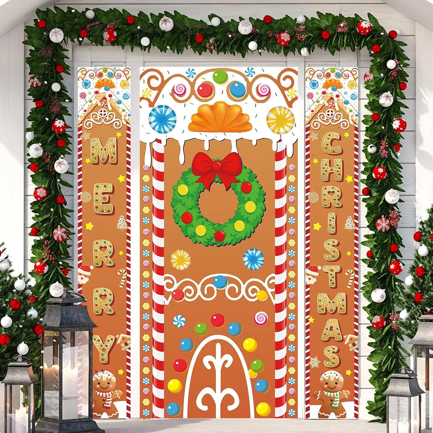 3 count Christmas Gingerbread House Door Cover Decoration Gingerbread Backdrop Banner Decor Xmas  Covers for Holiday Outdoor Indoor Classroom  Party Decor