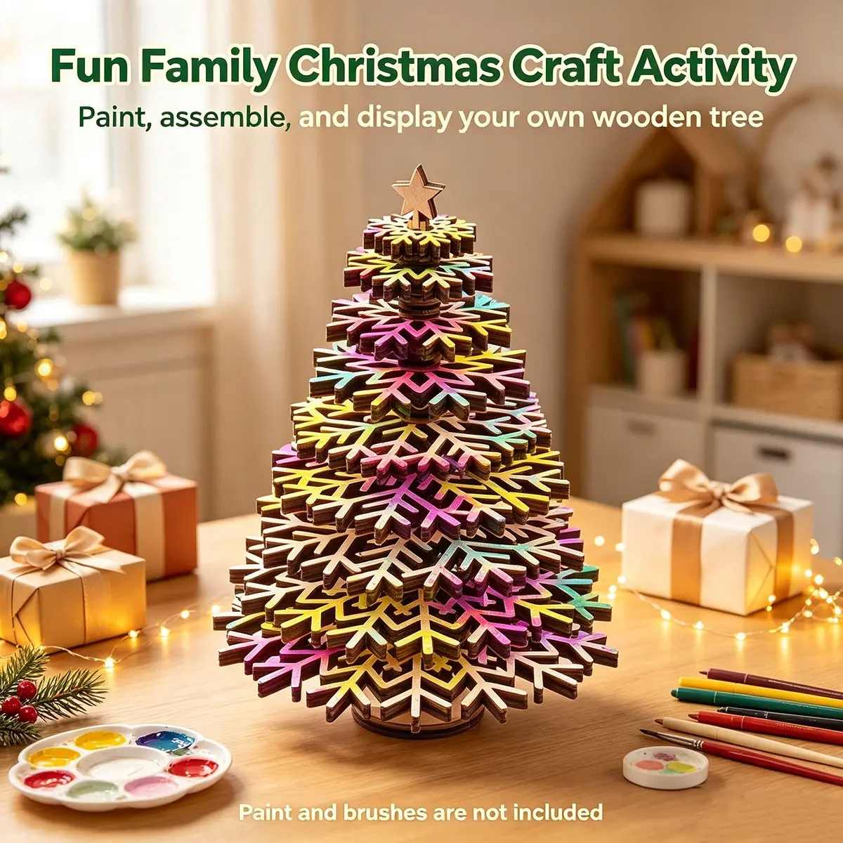 DIY Unfinished Wooden Snowflake Christmas Tree Kit, Blank Paintable Wooden Christmas Tabletop Ornament, Assemble Yourself Craft Decoration for Holiday Home Decor