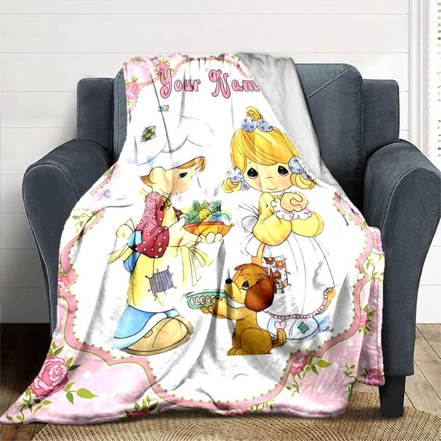 Precious Moments Custom Name Flannel Blanket Personalized Cute Angel Aesthetic Soft Warm Throw For Gamer Room Decor Dorm Essential Bed Sofa Home Holiday Gift