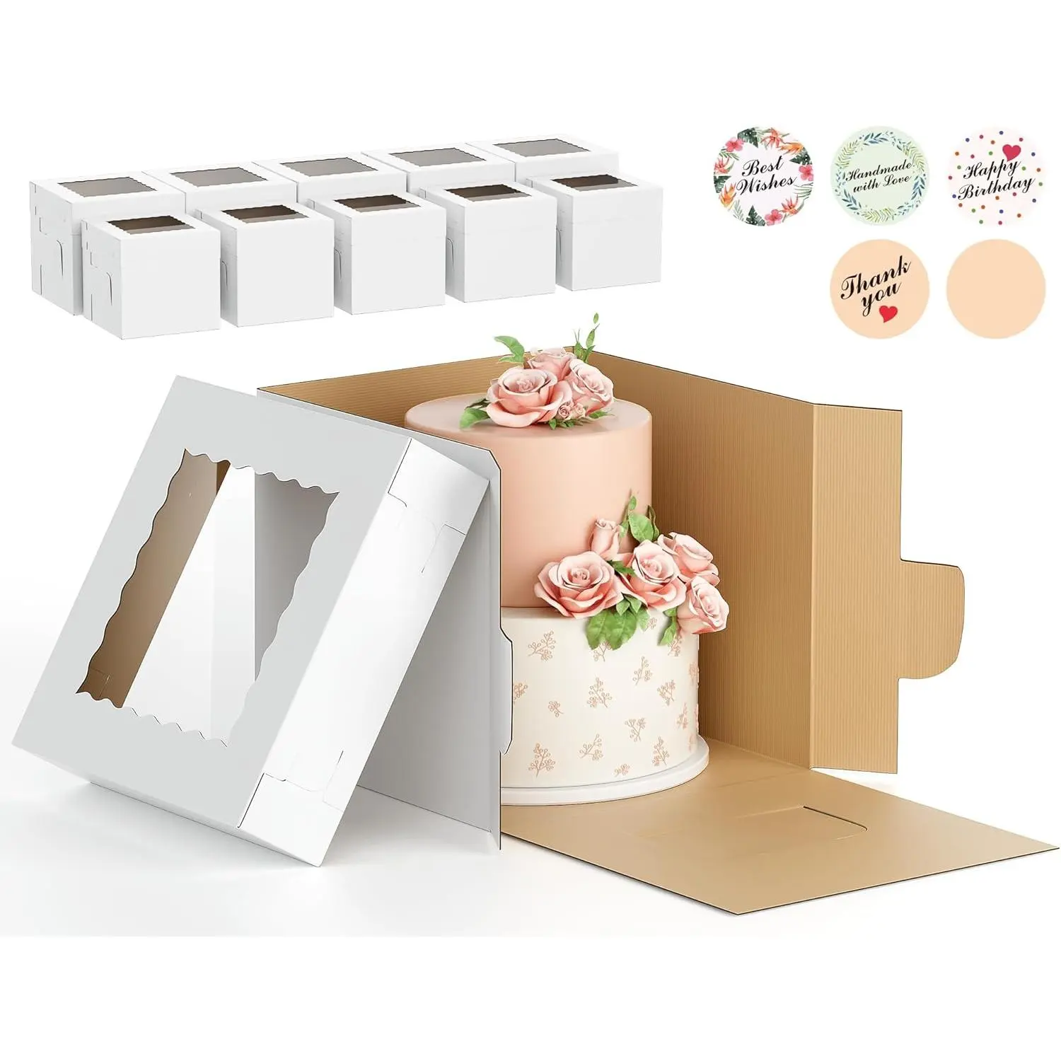 10 count Corrugated Cake Boxes in 2 Sizes - 12x12x12 & 10x10x10 Inch Tall Cake Box with Window, Thick Bakery Dessert Boxes, Disposable Cardboard Cake Carrier for Layer Cakes, Birthday, Wedding, Party