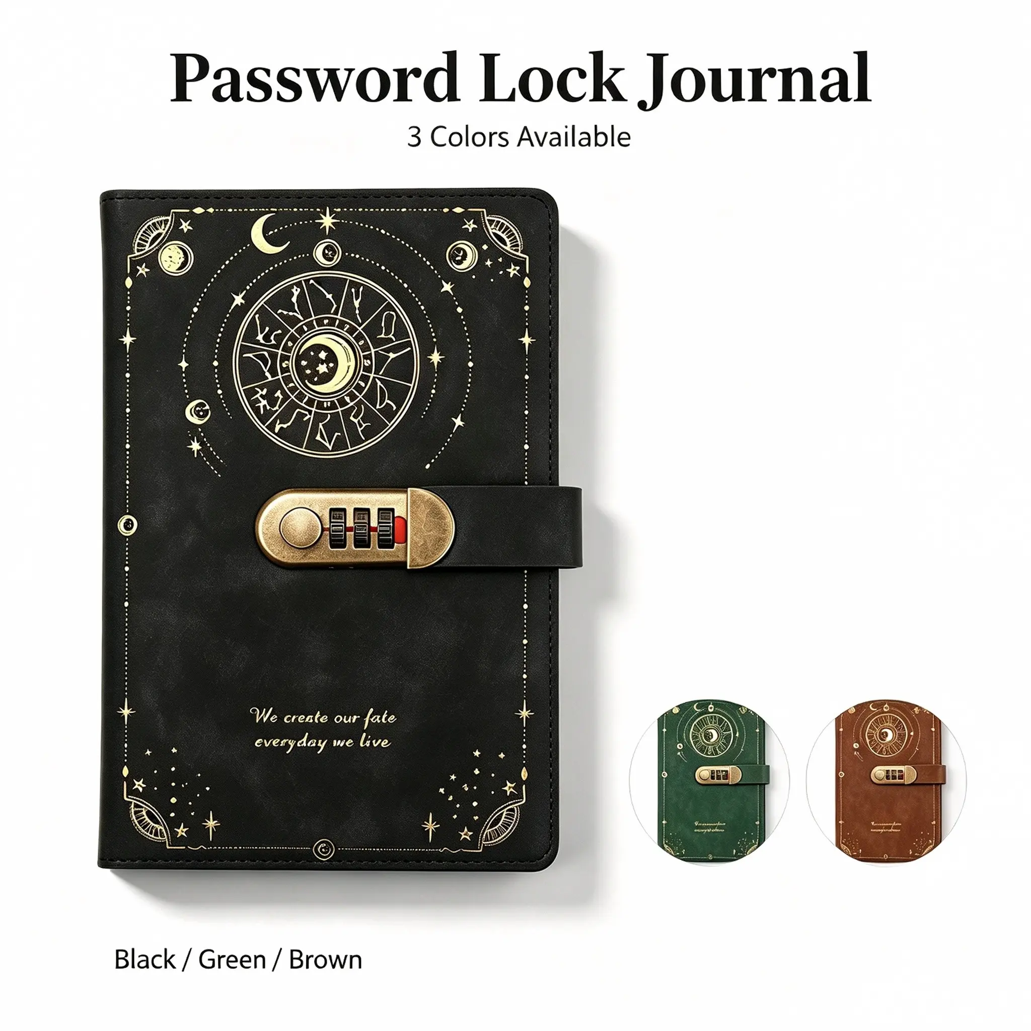 1 Pack Password Lock Journal, Celestial Moon Phase PU Leather Diary with Combination Lock, A5 Refillable Writing Notebook for Private Thoughts, Astrology Secret Journal Gift for Women, Choose from 3 Colors, Aesthetic Notebook