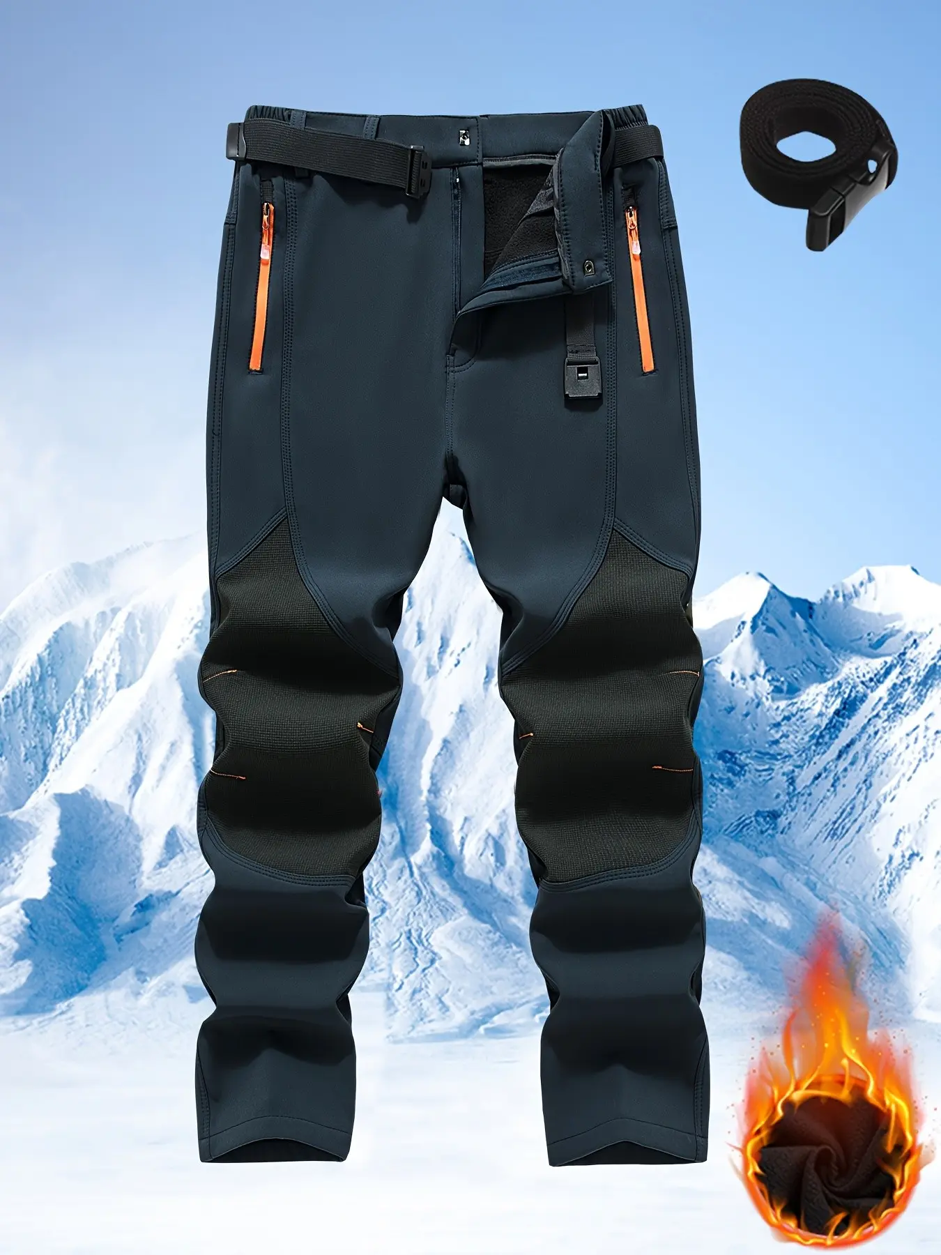 Men's Warm Windproof Work Pants with Belt and Zip Pockets, Ideal for Winter Outdoor Activities and Casual Wear, Slim-Fitting Embroidered Style