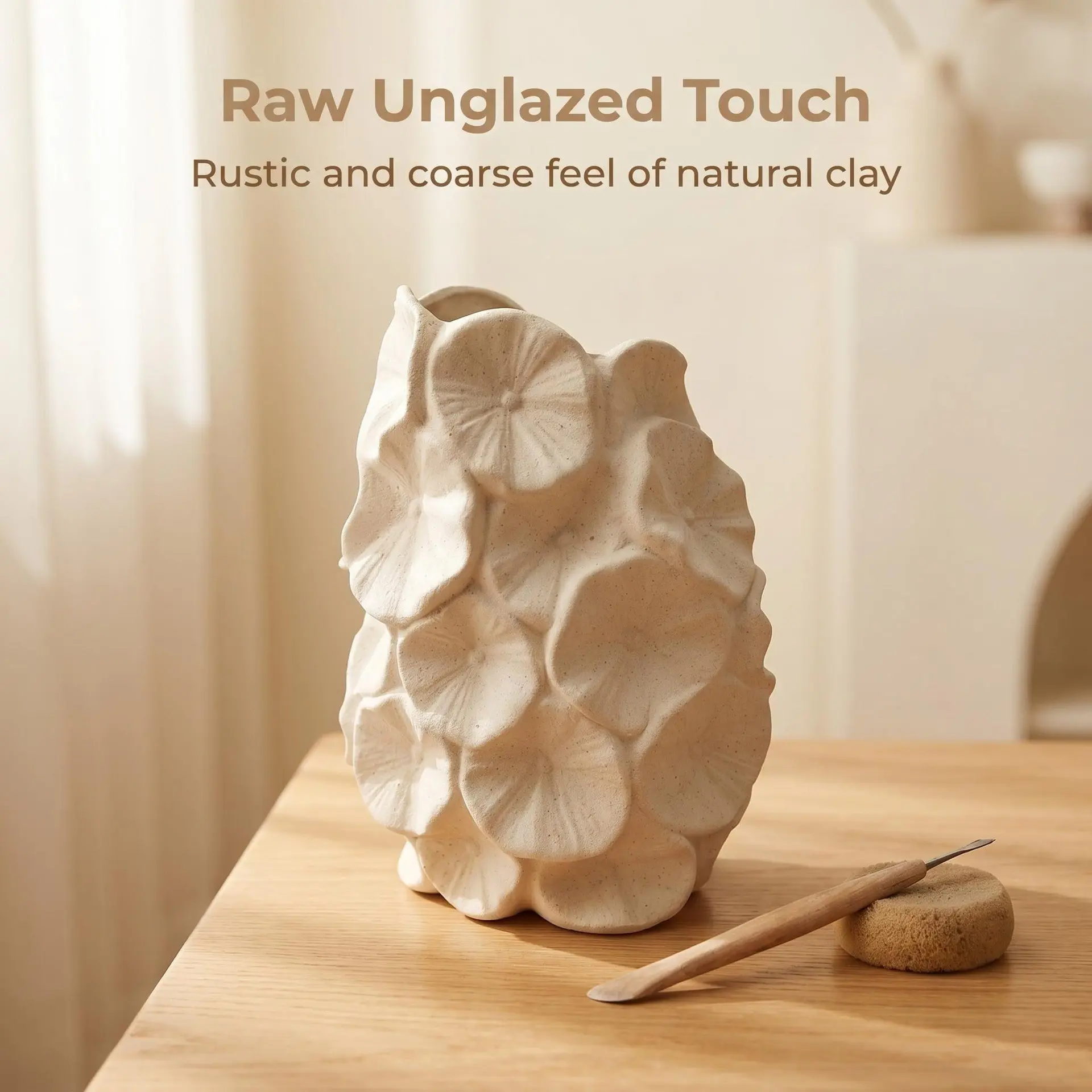 Handmade Relief Flower Ceramic Vase, Rough Pottery Matte Texture, Living Room Desktop Art Decor, Handcrafted Ceramic Floral Vase
