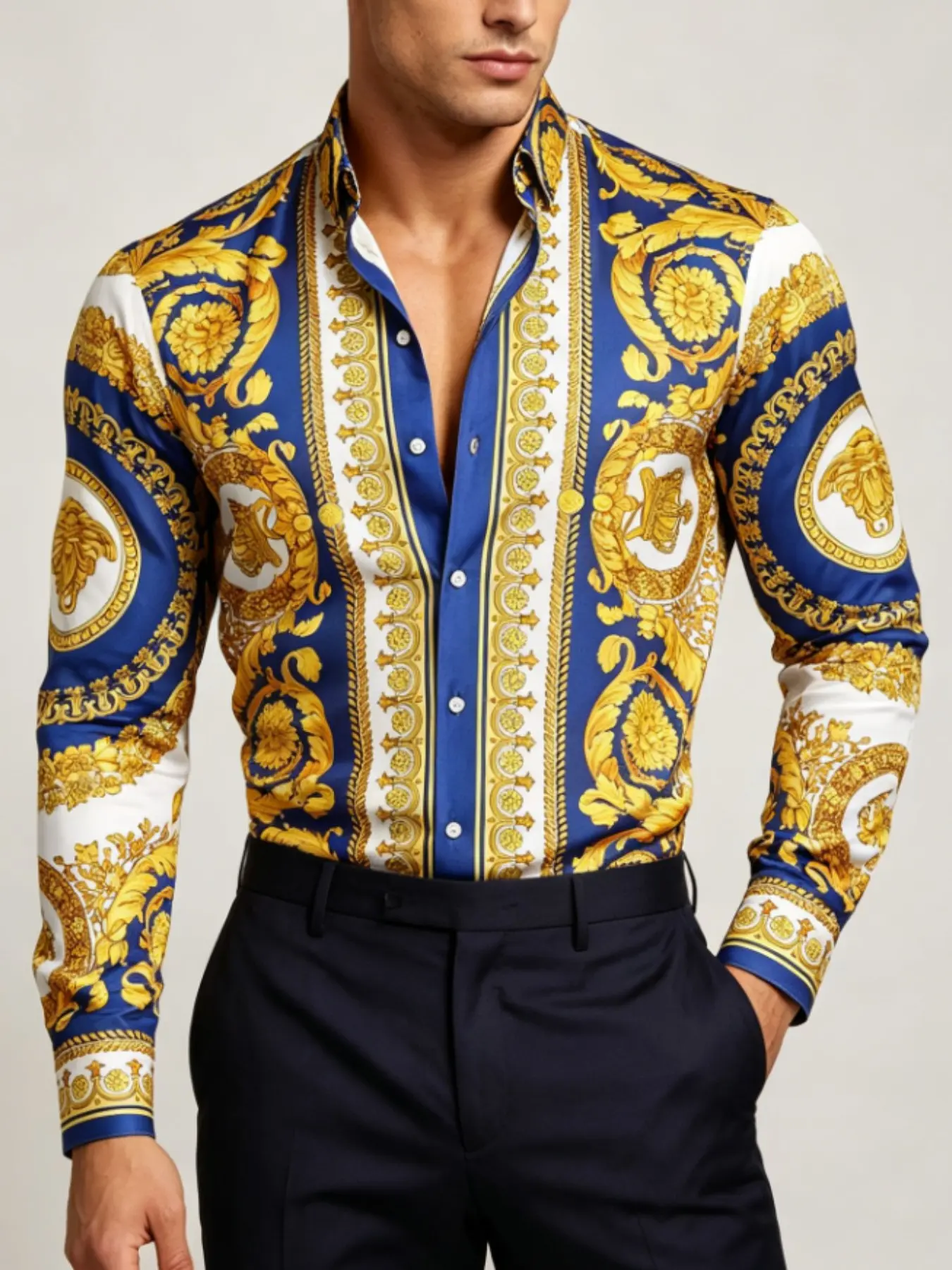 Vintage Baroque Men's Long Sleeve Shirt, Retro Style Slim-Fitting Top, All Seasons Unlined Clothing, Elegant Baroque Pattern Design