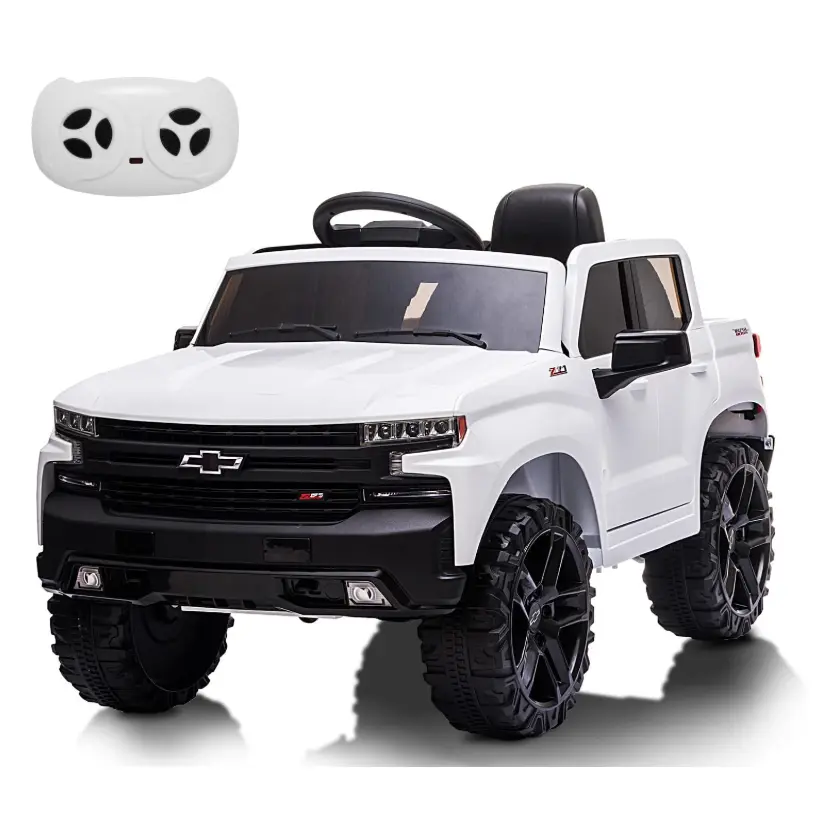 12V Licensed Chevrolet Silverado Ride-On Truck – Kids Electric Car with Remote Control, MP3/Bluetooth, Spring Suspension & LED Lights, White
