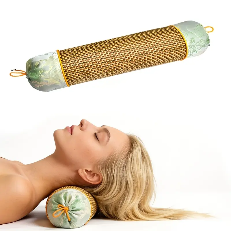 Mugwort Cervical Pillow — Ice Silk & Rattan Fabric: Breathable and Cooling. An Ergonomic Sleeping Pillow with Neck Support. Features a Machine-Washable, Removable Cover with Decorative Embroidery.
