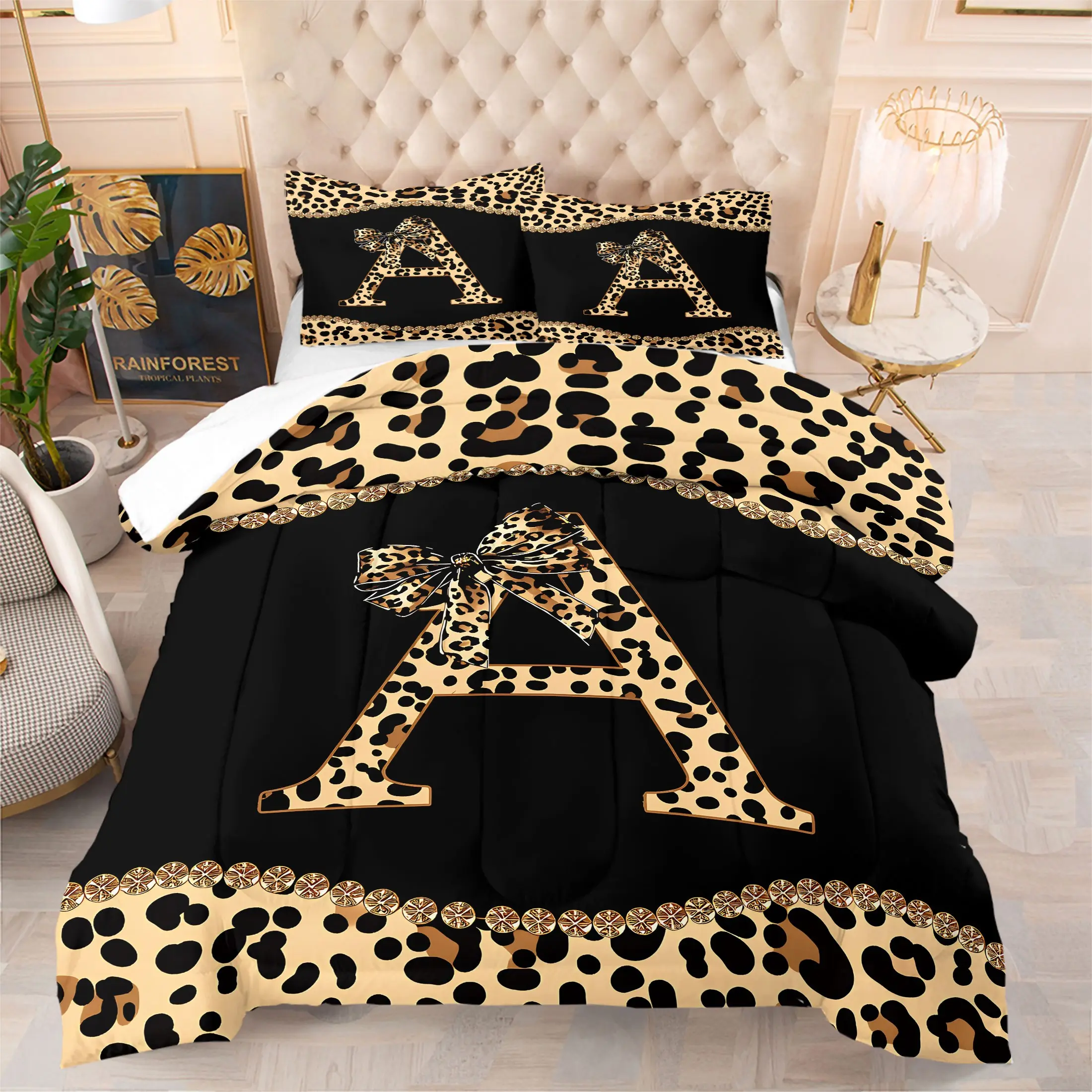 Leopard Letter A Bow Glam Comforter Set, Luxury Cheetah Bedding Set Includes 1 Quilt & 1-2 Pillowcase, No Pillow Insert, Cute Stylish Bedding for Women Girls Bedroom, Ideal Decor & Birthday Gift