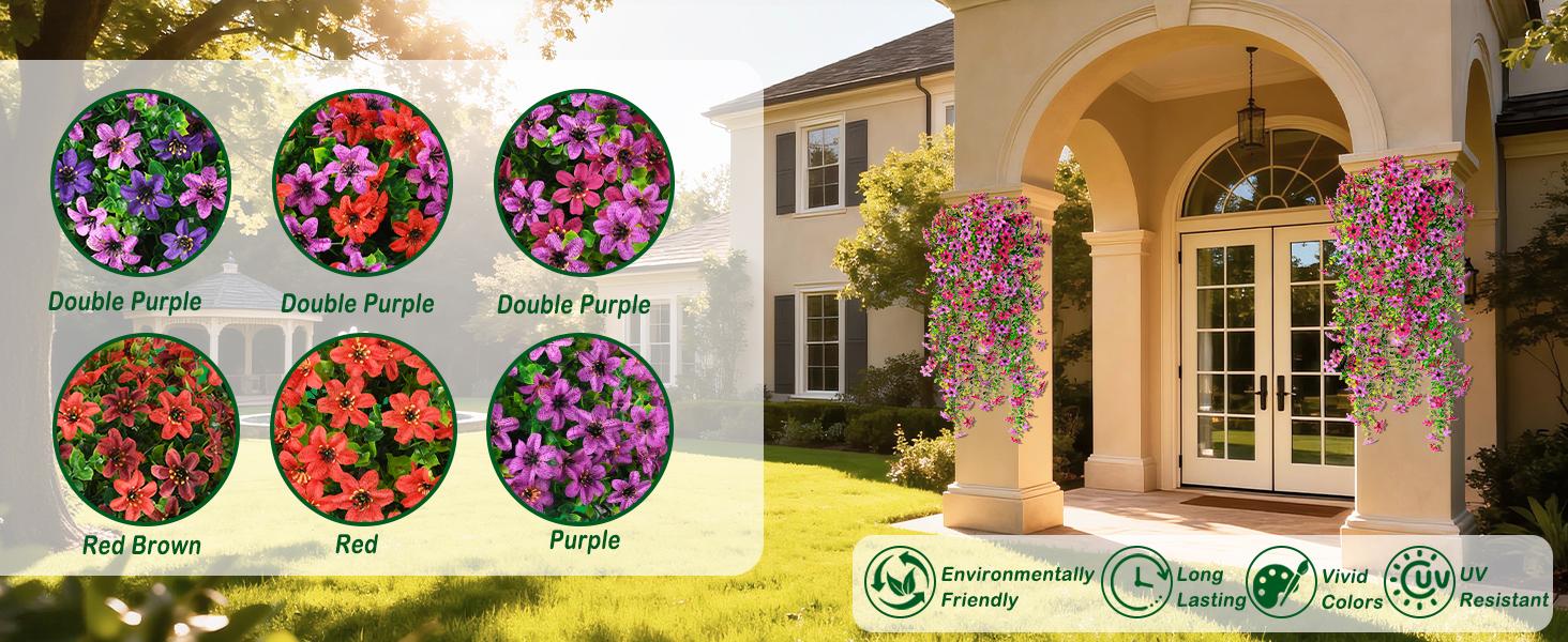 4 Bundles Artificial Boho Flowers for Outdoor,No Fade Fake Plastic Flowers Faux Plants for Decoration Hanging Planters Indoor Outside Garden Porch Window Box Home Wedding Farmhouse