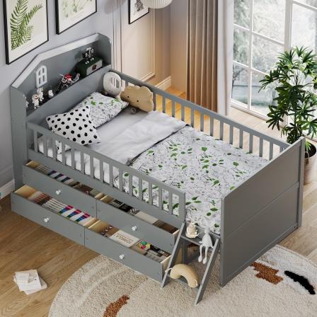 【Bellemave】Twin Bed Frame with Storage 4 Drawers,Wooden Bed Frame for Kids,Platform Twin Size Bed with Guardrail Headboard and Ladder, No Box Spring Needed, Easy Assembly, Gray 【Bellemave】Twin Bed Frame with Storage 4 Drawers,Wooden Bed Frame for Kids,Platform Twin Size Bed with Guardrail Headboard and Ladder, No Box Spring Needed, Easy Assembly, Gray