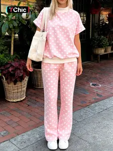 Summer Casual Dot Print Colorblock Short Sleeve Mid-Waist Long Pants Set, Comfortable Daily Wear, Trendy Fashion Ensemble