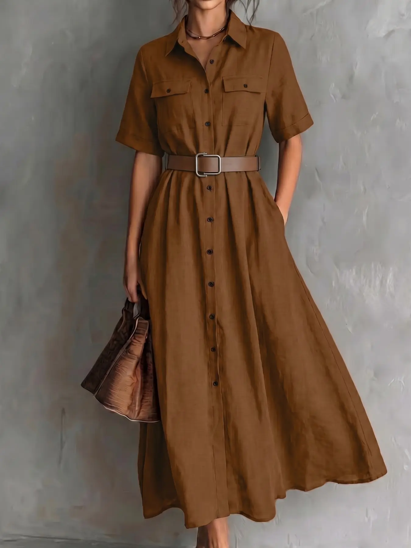 Caramel Linen Retro Casual Commuter Long Button Shirt Dress, Lapel Short Sleeve Cuffed Dual Patch Pockets, Waist Belted Buckle, All Seasons Wear