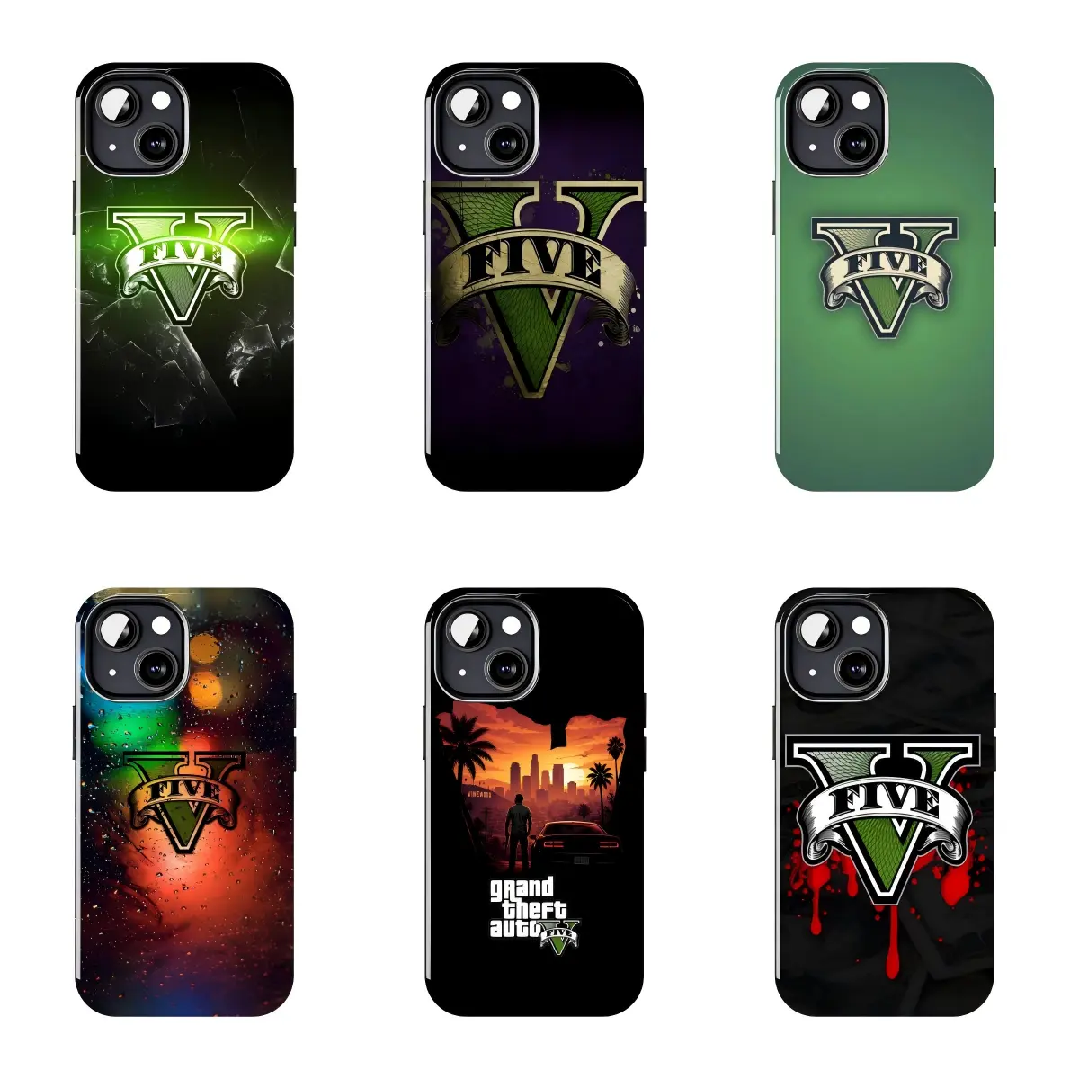6 Styles GTA 5 Glitch City Sunset Blood Drip V Logo Art Phone Case, Slim Anti-Drop Protective Cover, Gamer Gift Design Case for iPhone 16/15/14/13/12 Pro/Plus