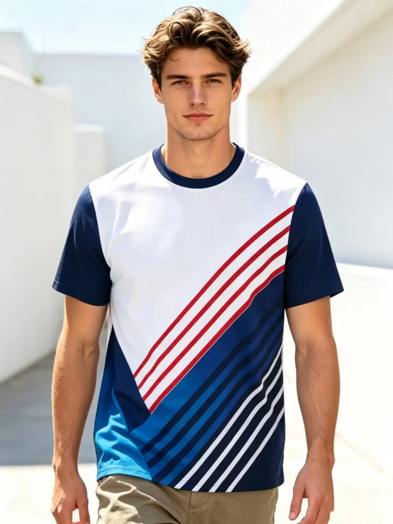 Men's Casual Sporty Jersey, Blue Striped T-Shirt, Slim-Fit Long Sleeve, All-Over Print, Ideal for Hiking, Running, Fitness, Streetwear