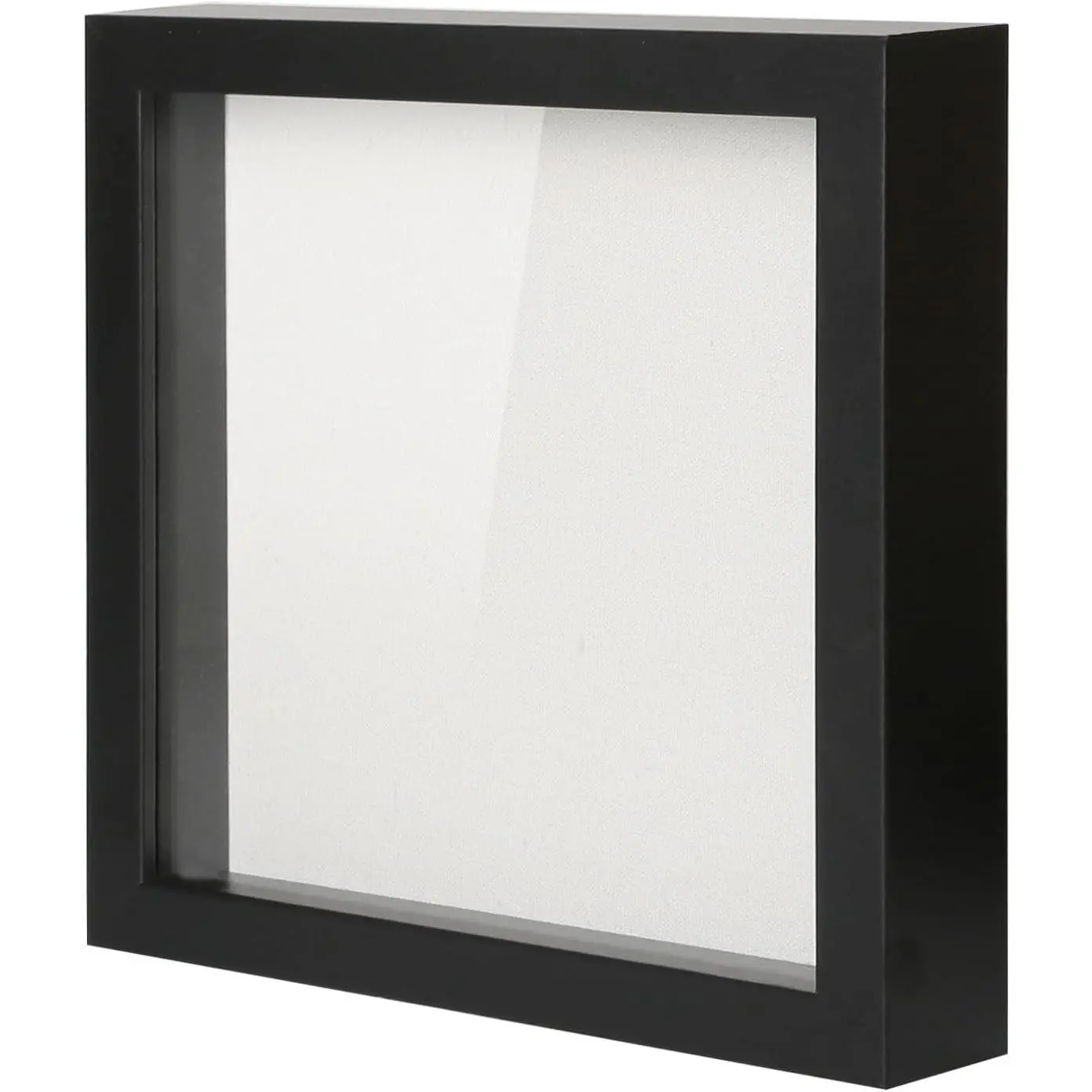 8x8 Shadow Box Picture Frame with Linen Board - Deep Wood & Glass Display Case Ready to Hang Memory Box for Baby Sports Memorabilia, Pins, Awards, Medals, Wedding, Tickets and Photos (Black)