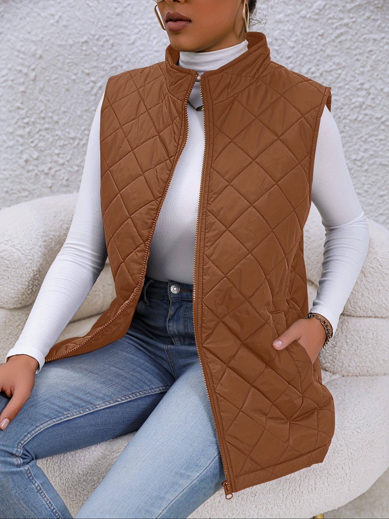 Women's Solid Mock Neck Zip Up Quilted Vest Coat, Casual Pocket Zipper Sleeveless Outerwear For Fall & Winter, Women's Clothes For Daily Wear