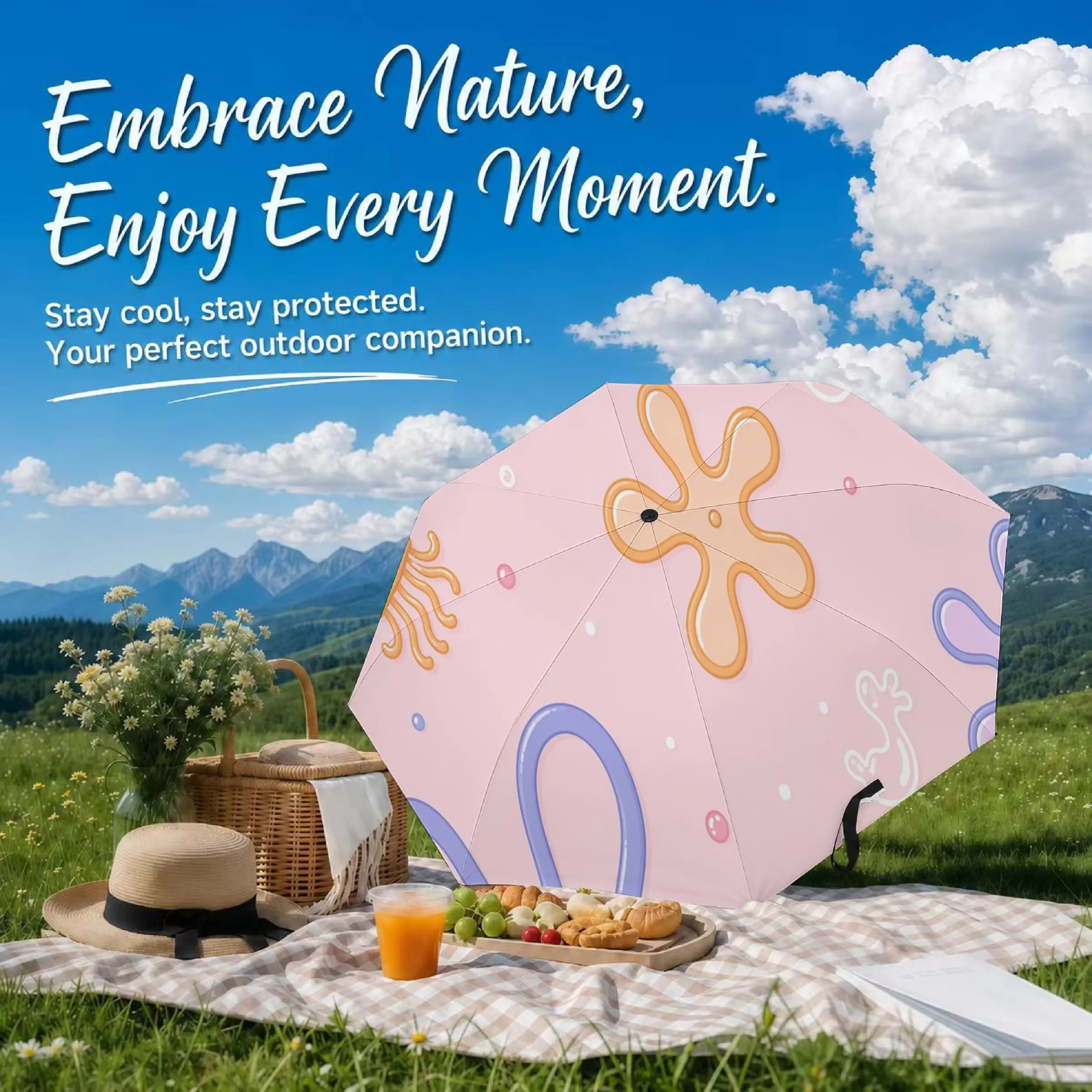 Mini Automatic Umbrella, Simple Curved Floral Design, Waterproof, Portable Sunshade, Fully Automatic One-Touch Open and Close Lightweight Pocket Umbrella
