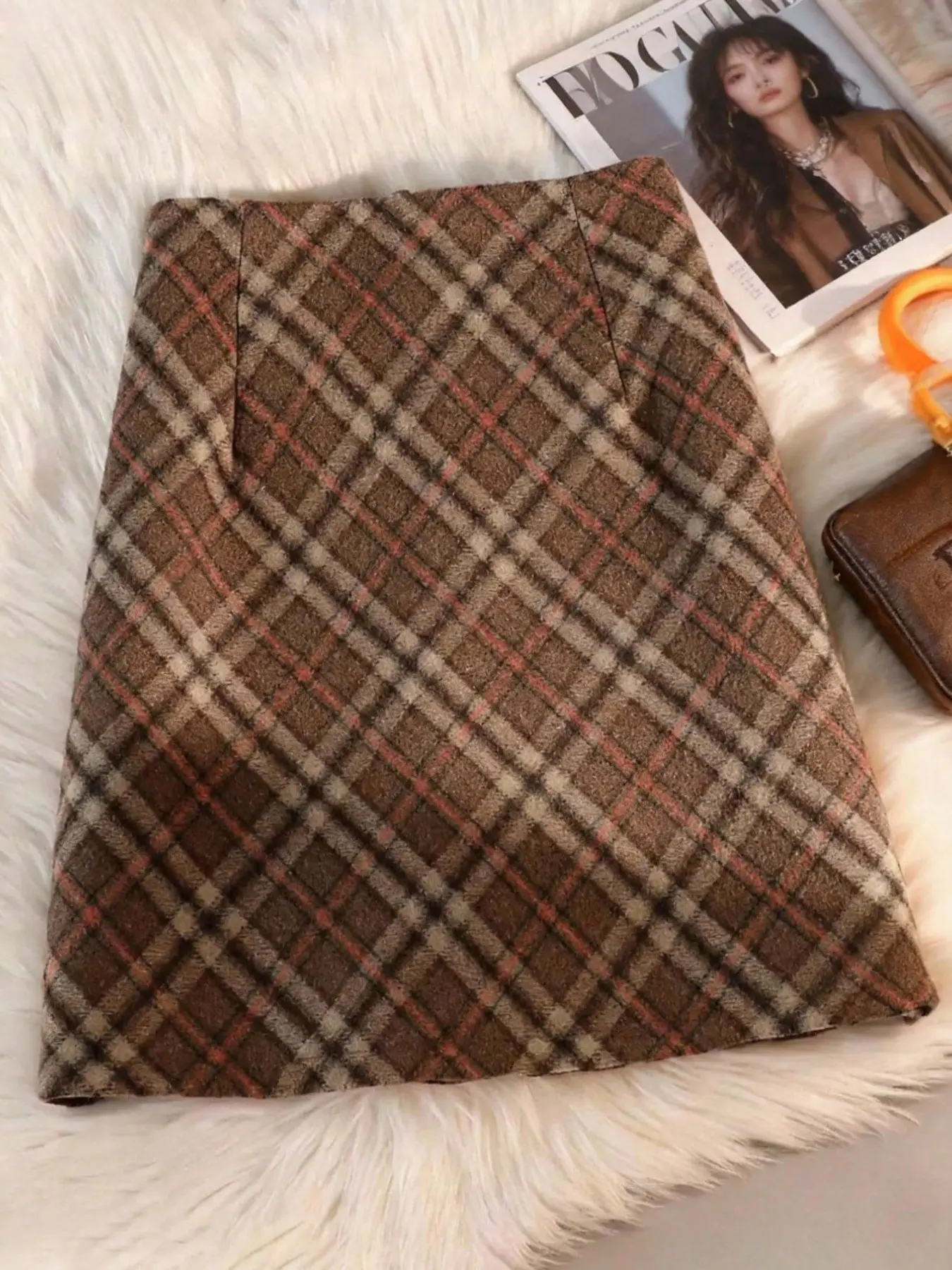 Vintage College Style Thick Fashion Wool Plaid Midi Skirt for Women, Fall Winter New Arrival, High Waist Slim Fit, Warm A-Line Skirt
