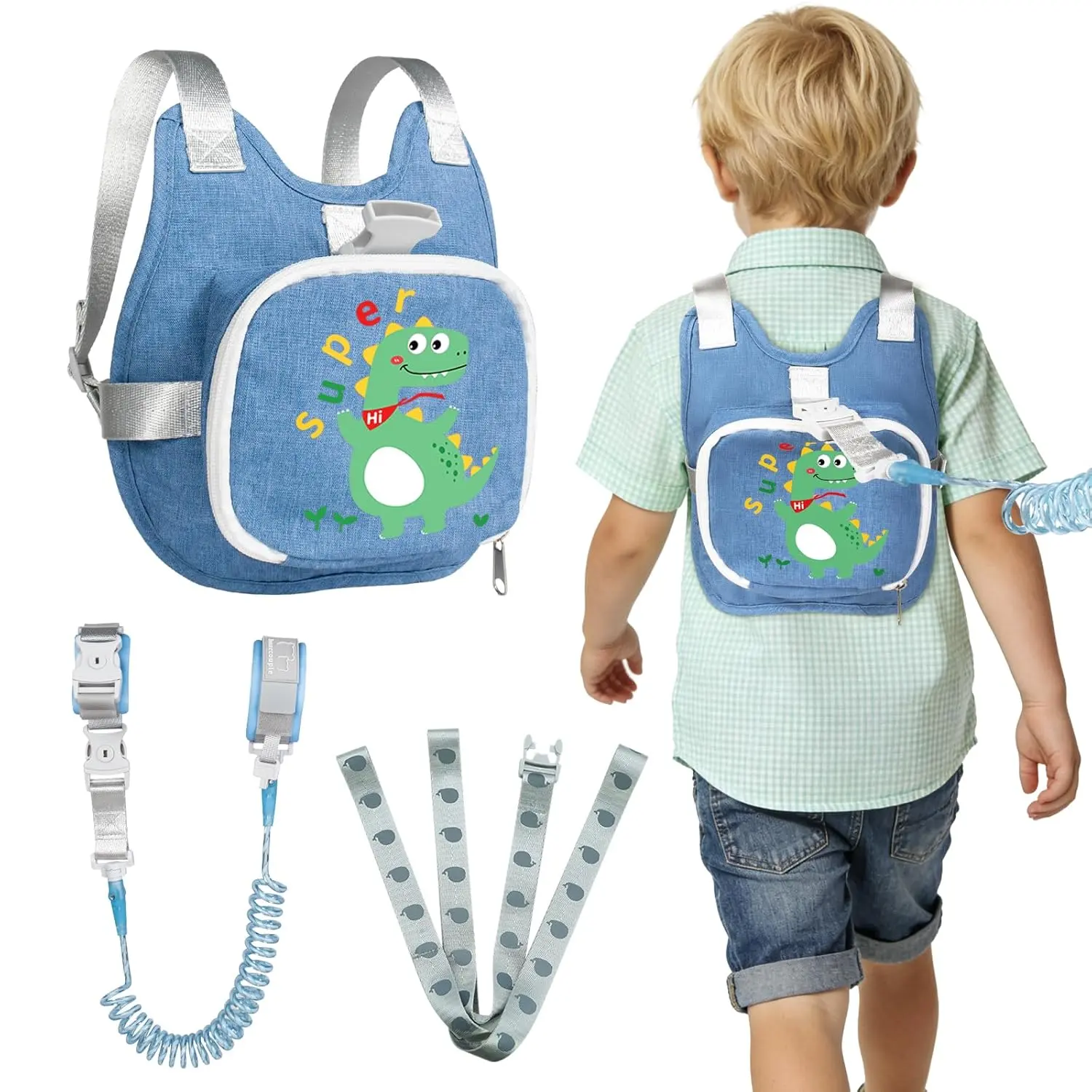 Toddler Dinosaur Safety Harness Kit - Portable Foldable Adjustable Poly-Cotton Backpack with Leash, Anti-Lost Wrist Link for 3-6 Years Boys & Girls, CPSIA Labeled, Hand/Machine Washable