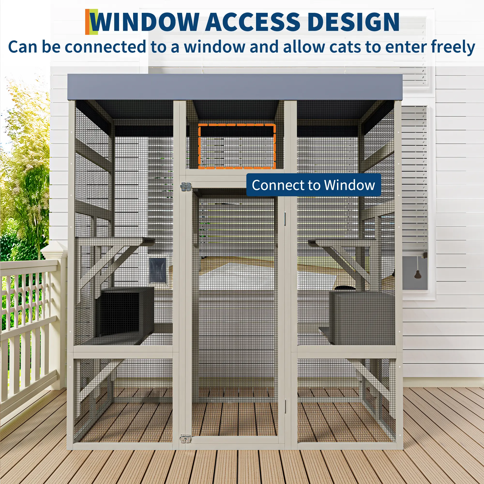 70" Outdoor Catio Enclosure with Window Access - Weatherproof Cat Cage with 5 Platforms, 2 Resting Boxes for Patio & Backyard