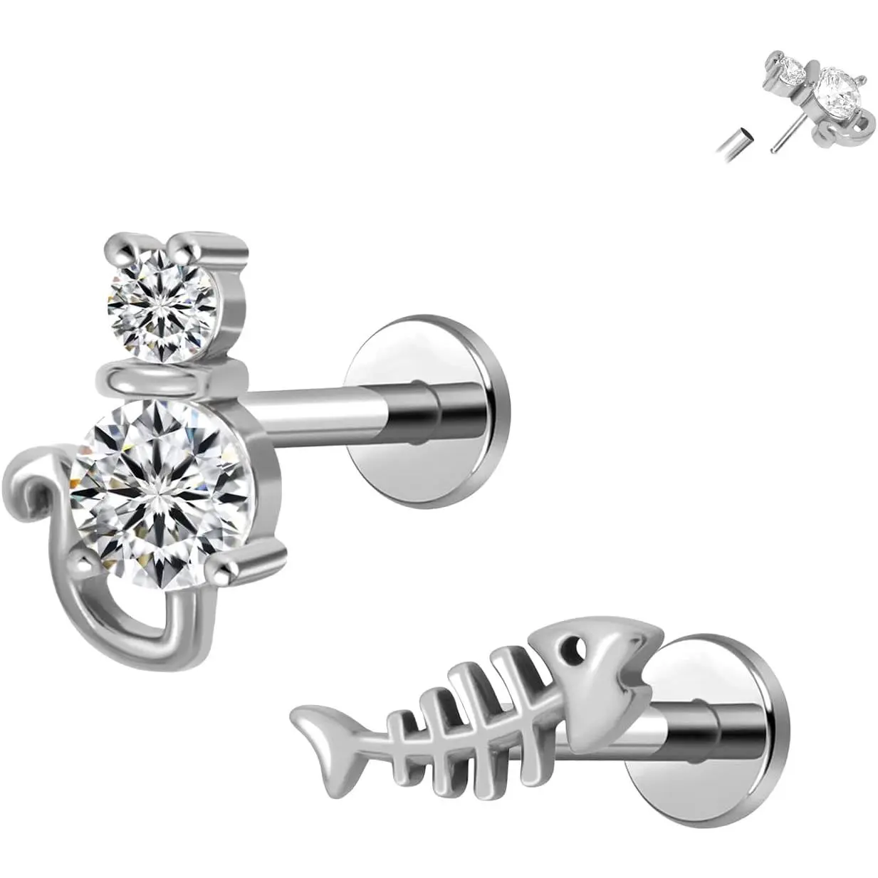 2 count Threadless Cartilage Earrings for Women 16G 18G Flat  Stud Forward Helix Earrings Tragus Rook Lip   316L Stainless Steel  Cute  Fish Shape